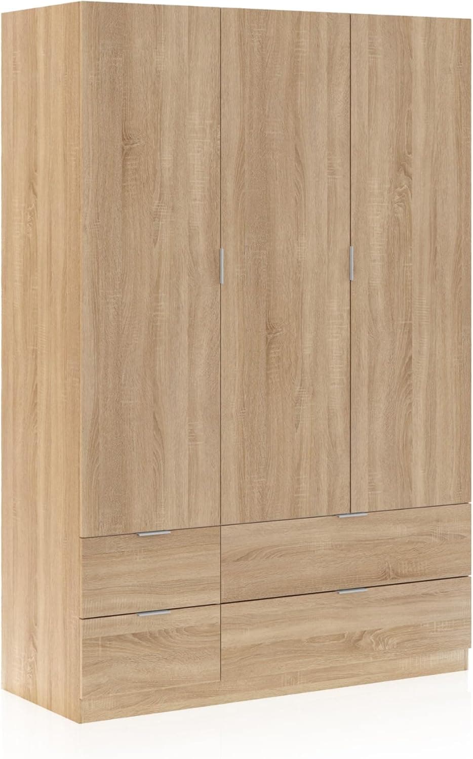 duehome | Armario Ropero 3 Puertas y 4 Cajones, Armario Habitación Dormitorio, Modelo Magan, Medidas: 200 cm (Alto) x 135 cm (Ancho) x 52 cm (Fondo)