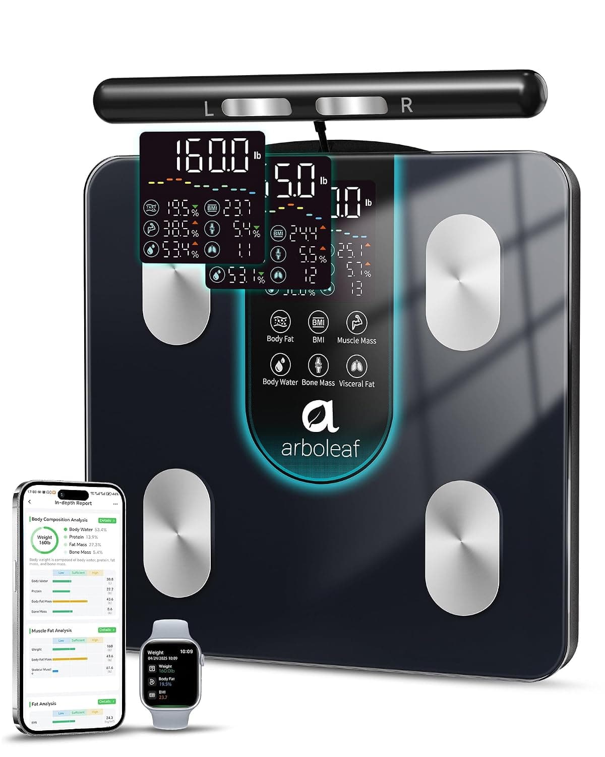 arboleaf Báscula Inteligente Bioimpedancia de 8 Electrodos, Bascula Grasa Corporal y Muscular con Bluetooth & APP, Balanza peso Corporal con Pantalla Grande, 50 Métricas, Alta Precisión, Hasta 180 KG
