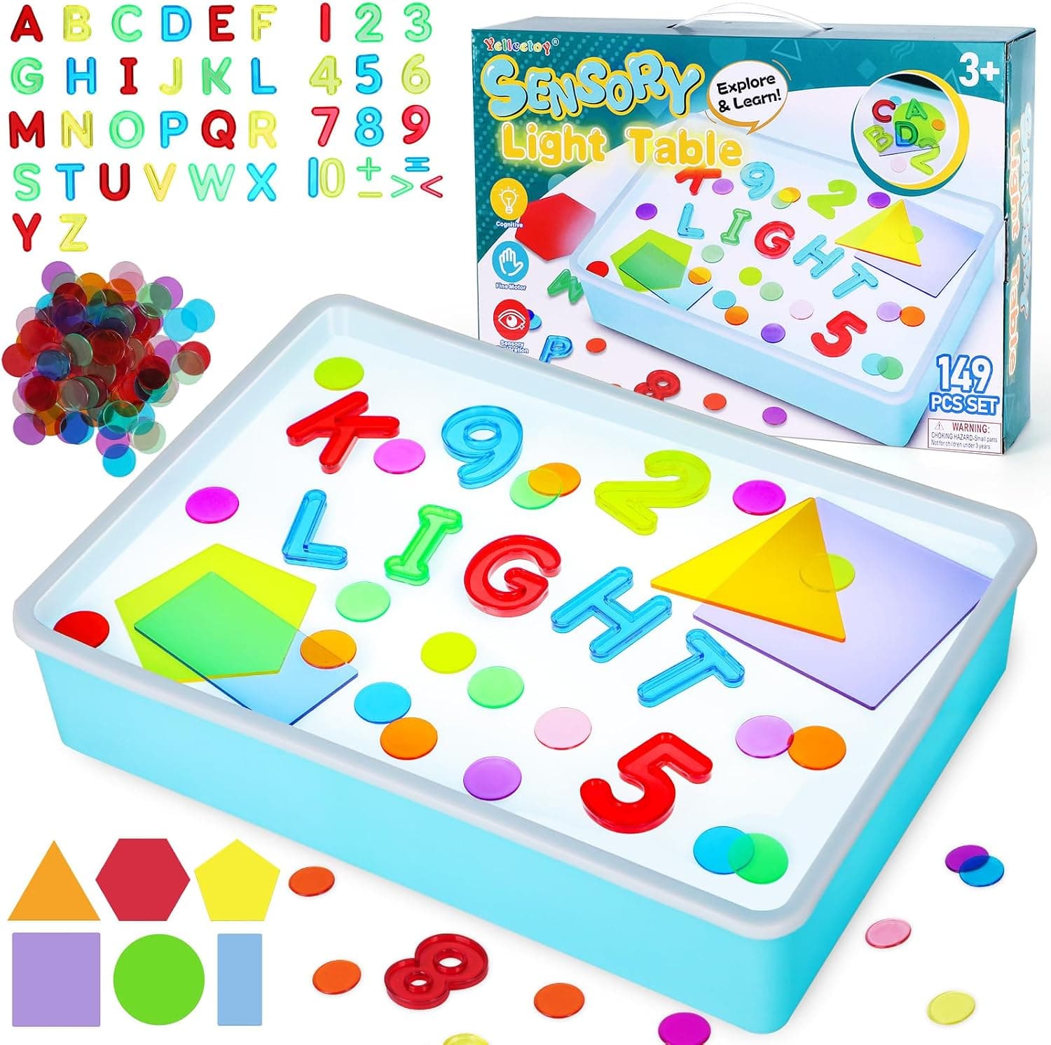 Yellcetoy Mesa de Luz Montessori, Juguetes Sensoriales Autismo, 149pcs Juegos de Juguetes Sensoriales Lúdicos Y Creativos, Juguetes Montessori Educativos Preescolares para 3 4 5 6 7 8 Niños