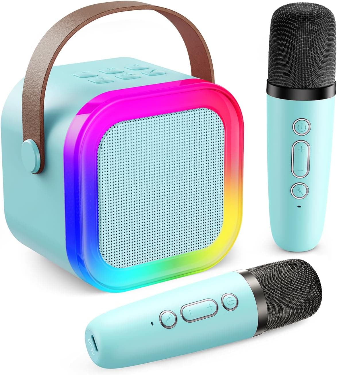 Fede Karaoke 2 Micrófonos para Niños, Mini Karaoke Infantil Micrófonos Inalámbricos Altavoz Bluetooth Portátil con Efectos de Cambio de Voz y Luces LED, Mejores Juguetes Regalos para Niñas Azul