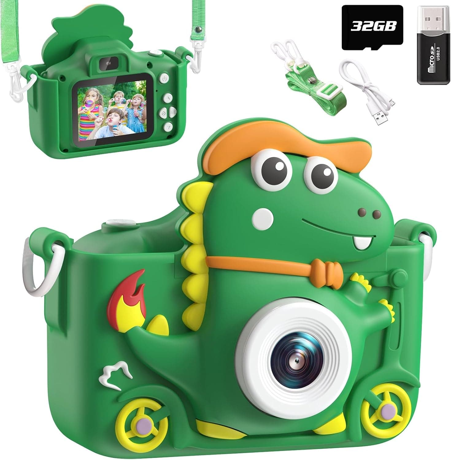 Cámara de Fotos Infantil Dinosaurio, 2" 1080P cámara Digital, HD Selfie Apareille Photo 32G, Eouet Infantil y Regalo niña 3 4 5 6 7 8 9 10 11 12 años, Bien Juegos para niños (Verde)