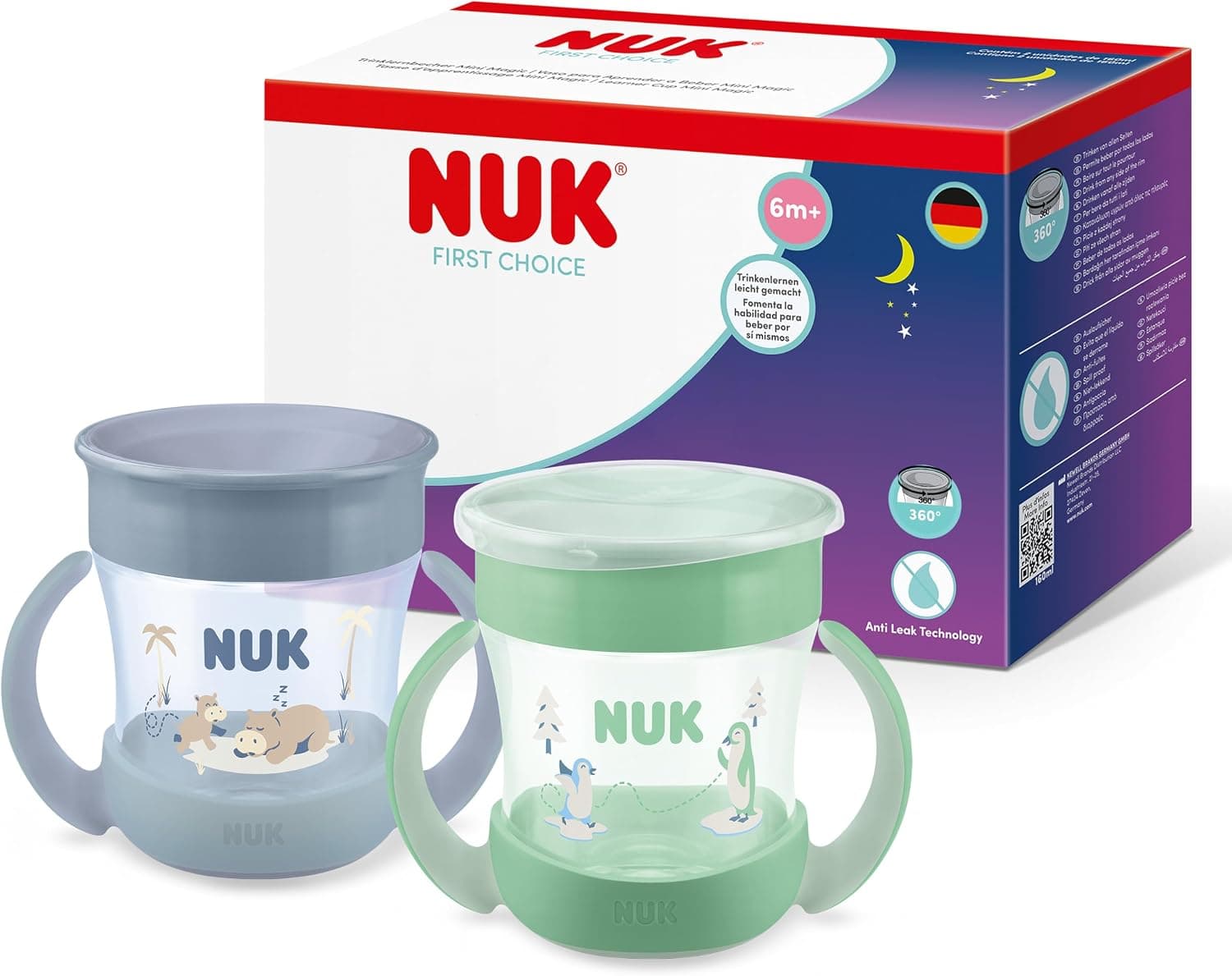 NUK Mini Magic Cup Night vaso aprendizaje bebé, 6+ meses, Verde y gris, Vaso bebé 160 ml, borde antiderrame de 360°, asas antideslizantes, brilla en la oscuridad, 2 unidades