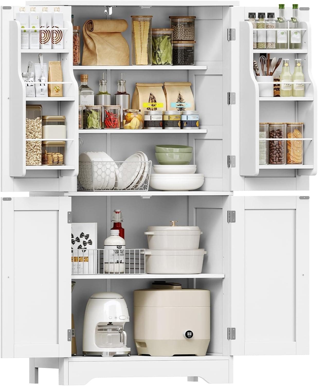 TEENFON Alacena de Cocina Alta y Despensa, Armario de 4 Puertas con 6 Estantes y 2 Compartimentos en la Puerta, Aparador y Mueble de Almacenaje Multiusos para Cocina, Salón, Comedor, 130 cm, Blanco
