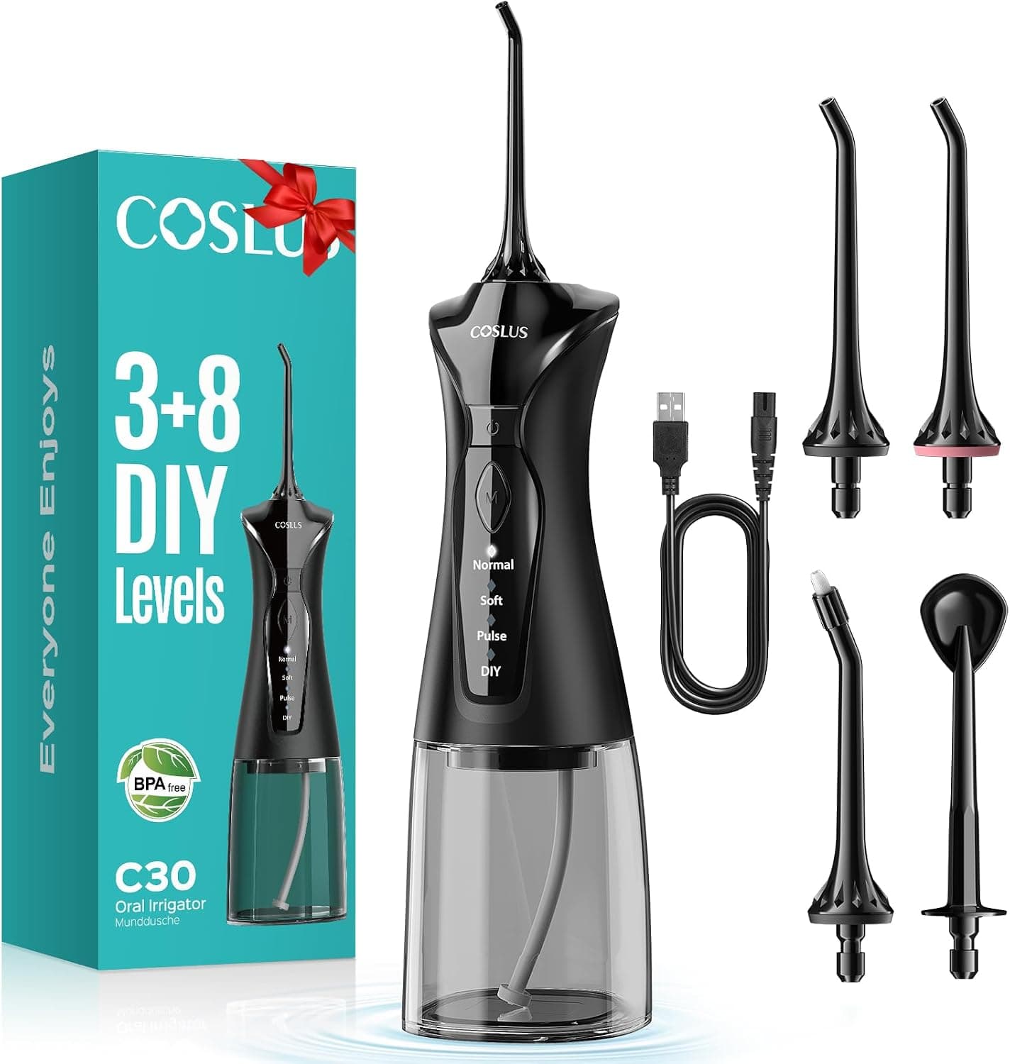COSLUS Irrigador Bucal Portatil Irrigador Dental:4 Boquillas 4 Modos Recargable Limpiador de Riego para Limpieza Dental, 300ML IPX7 Impermeable Limpieza Dientes Para el Hogar y los Viajes Negro