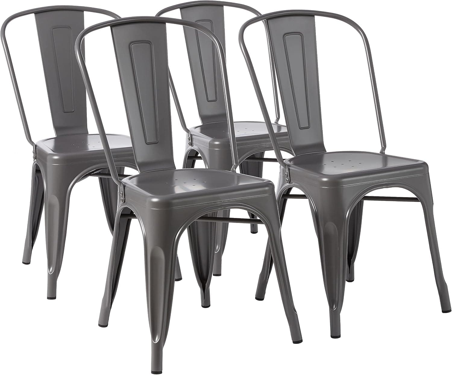 Amazon Basics Paquete de 4 sillas de comedor de metal apilables con respaldo para bistró, cocina, interior y exterior, Gris Oscuro, 51 x 43 x 85 cm