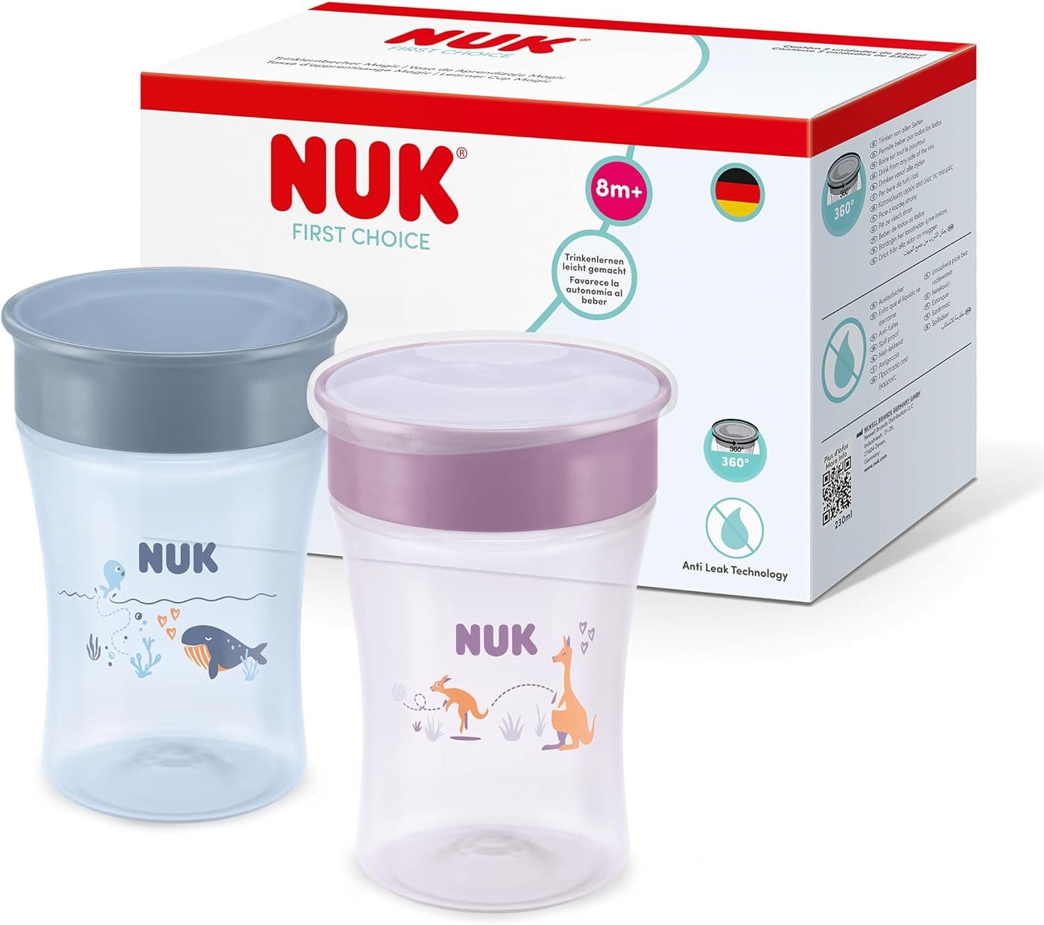NUK Magic Cup vaso aprendizaje bebé, 8+ meses, Azul y lila, Vaso bebé 230 ml, borde antiderrame de 360°, 2 unidades