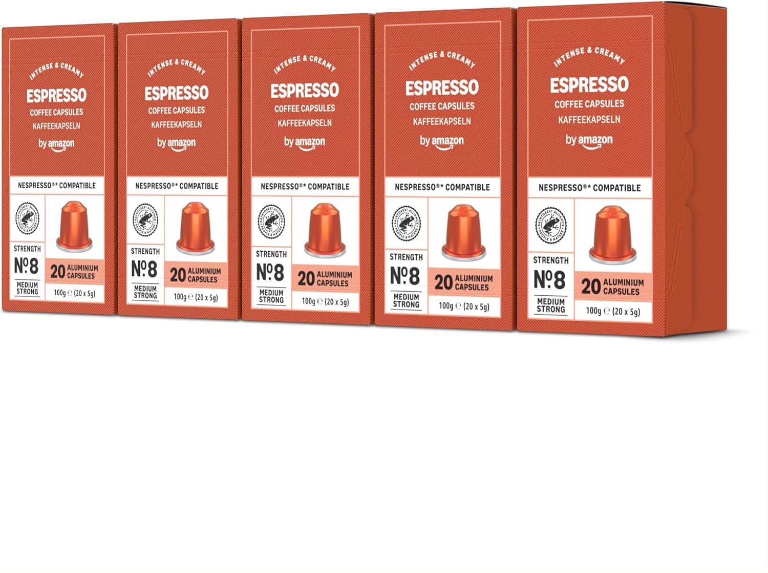 by Amazon - Cápsulas de café Espresso, tueste claro, compatibles con Nespresso, 100 unidades, 5 paquetes de 20, Certificado Rainforest Alliance