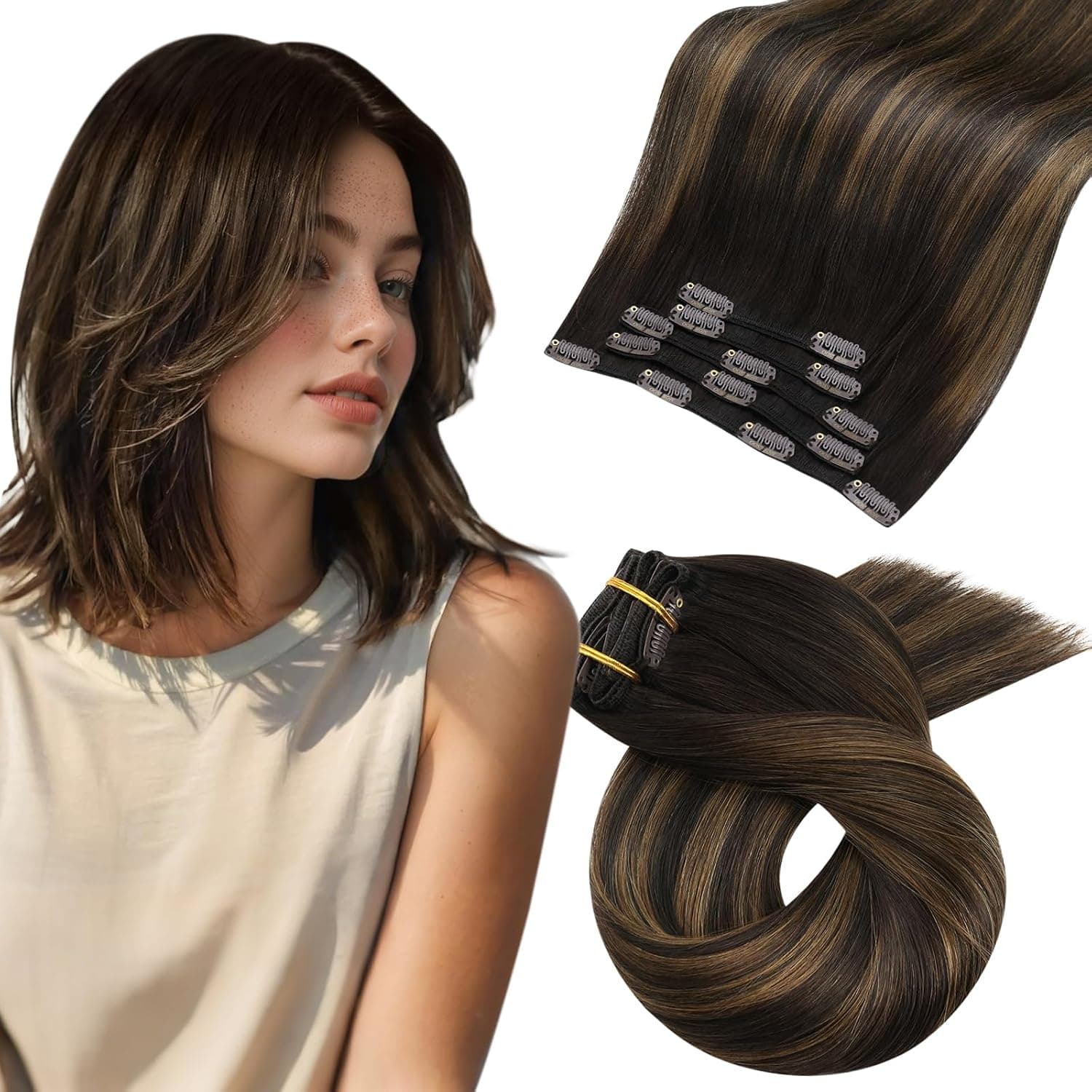 Moresoo Extensiones de Clip Pelo Natural Remy Black Brown Ombre 25 cm 80g