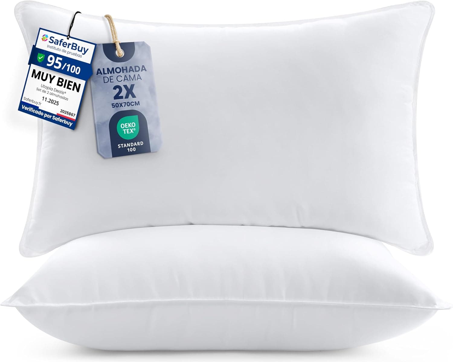 Utopia Bedding Almohada 50x70 cm Pack de 2, Fibra Hueca, Blanco