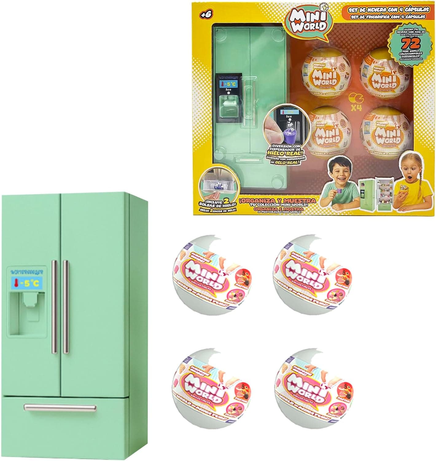 Bizak Mini World Set Nevera Color Verde con 4 cápsulas Sorpresa, playset Coleccionable con Mini Alimentos y función de hielos, Incluye Accesorios, para niños y niñas Desde 6 años (64501006-1)