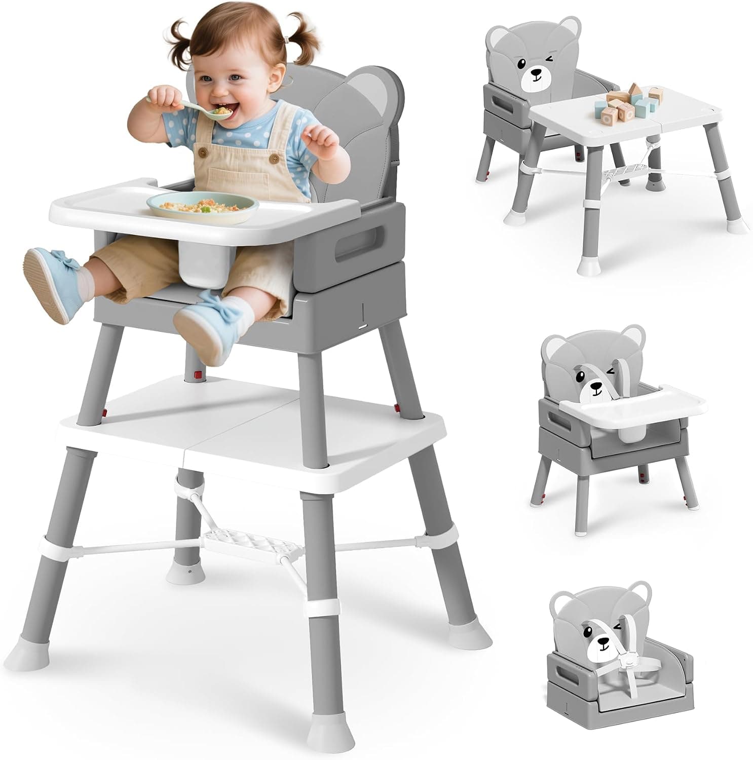 COOSEYA Trona Bebé 6 en 1 Convertible y Plegable, Silla Alta para Bebés y Niños, Trona Evolutiva con Bandeja Desmontable, Arnés de 5 Puntos y Cojín, Silla de Alimentación Portátil (Gris, 6 M - 36M)