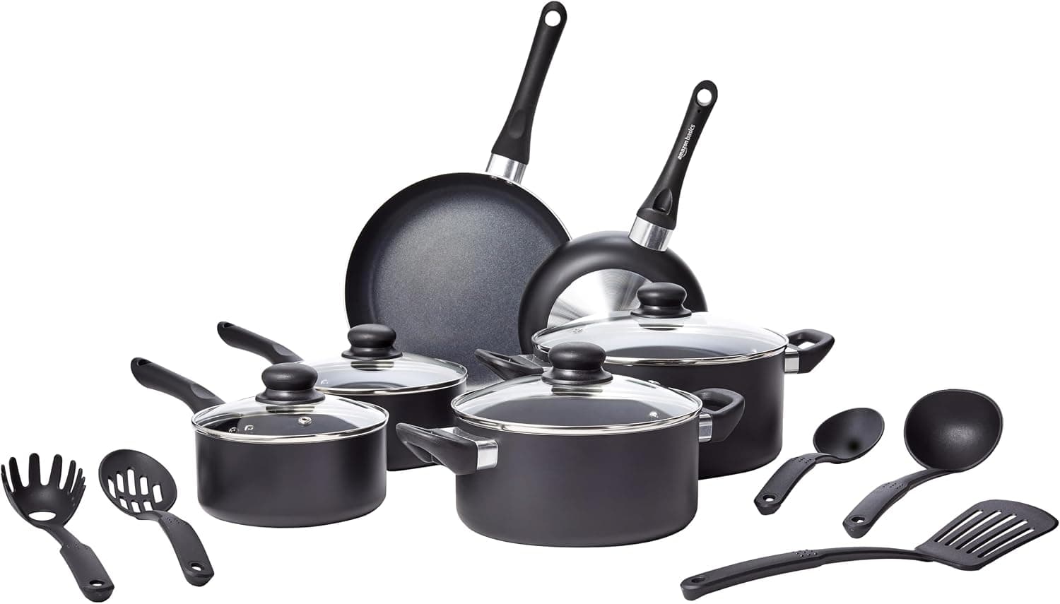 Amazon Basics Juego de utensilios de cocina antiadherentes, 15 piezas, Negro
