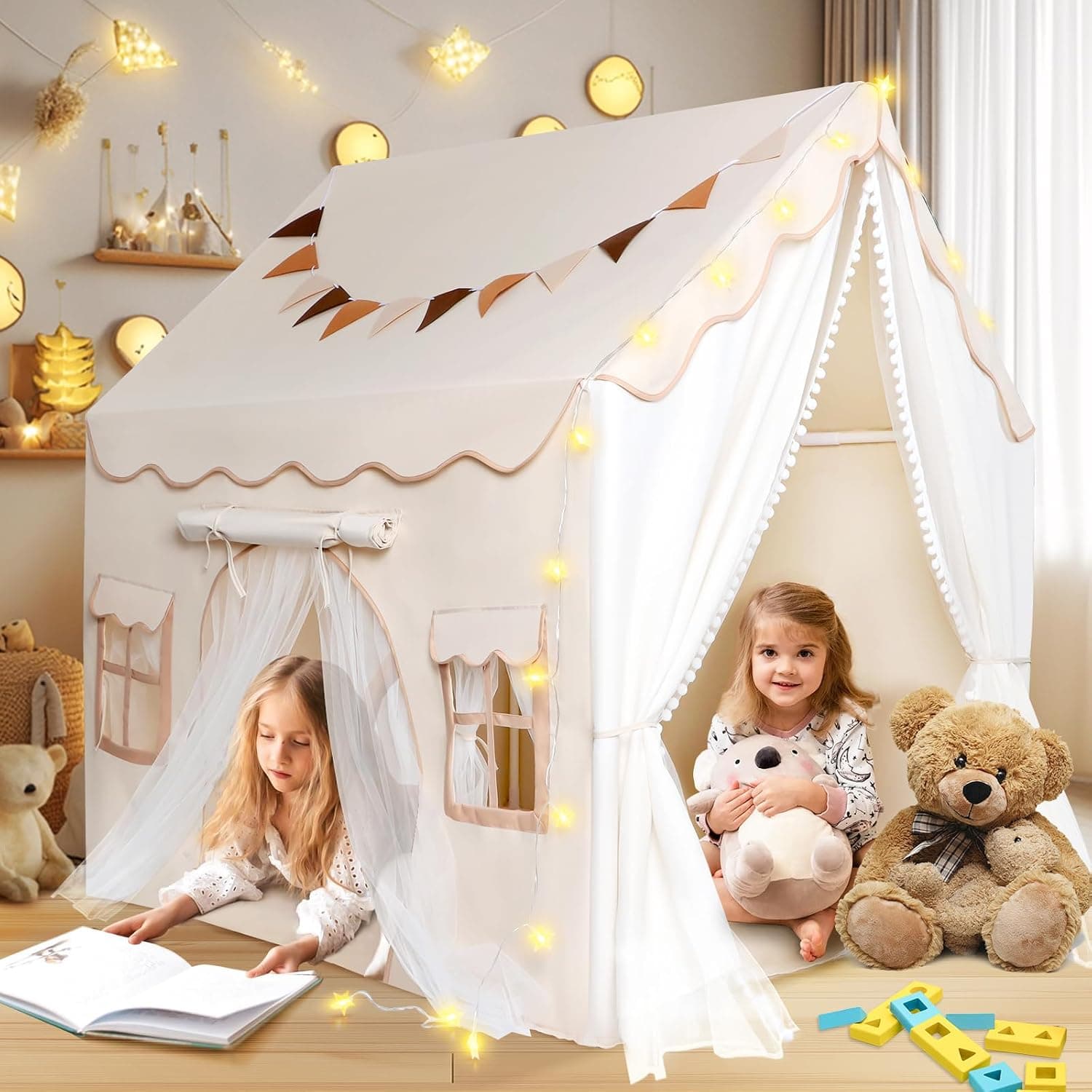 Herenear Tienda Campaña Infantil con 2 Puertas, Cabañas para Niños con Luces Banderas y Bajera, Casitas Infantiles Tela Interior, Ideal Tienda Campaña para Niños Niñas