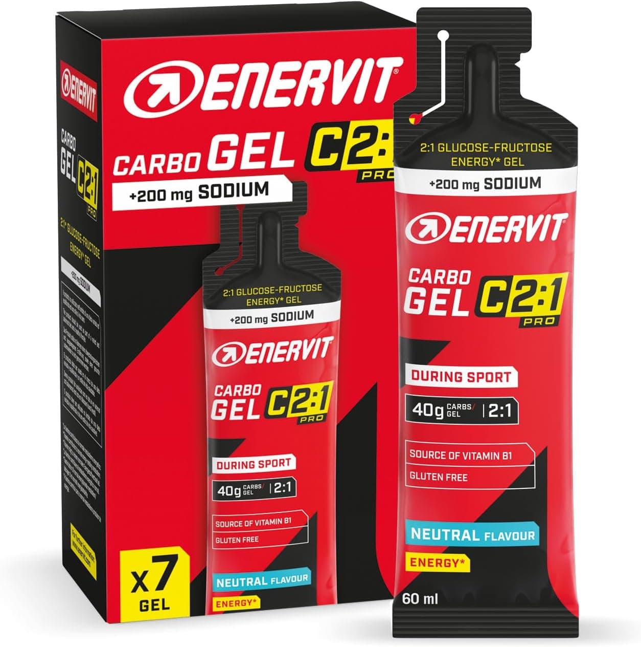 Enervit Carbo Gel C2:1PRO con Sodio, Gel Energético con 40g de Carbohidratos, Actividades de Alta Intensidad, +50% Carbohidratos Absorbidos, Sabor Neutro Sin Gluten, Alta Digestibilidad, 7 Pack x 60ml