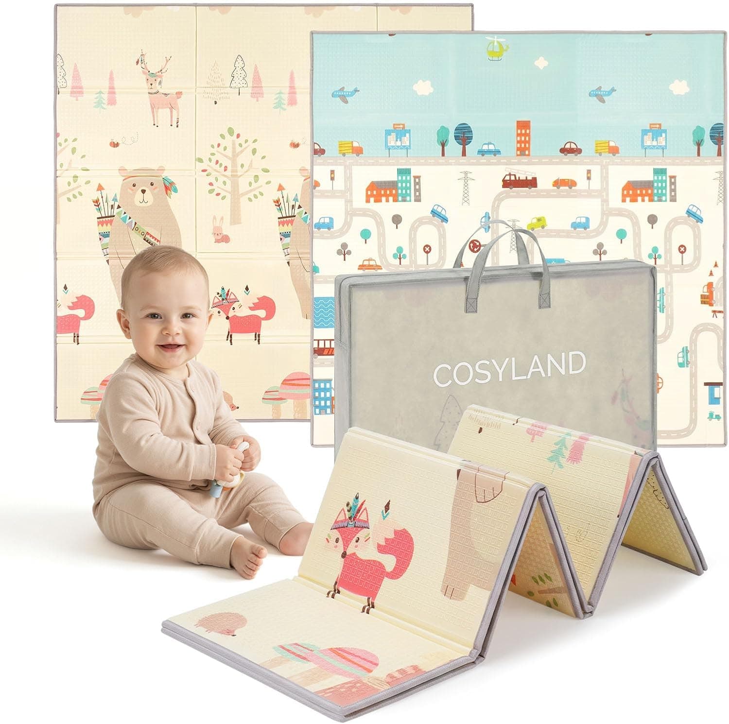 COSYLAND Alfombra Bebé Acolchada Plegable XPE Reversible, Tapete de Juegos