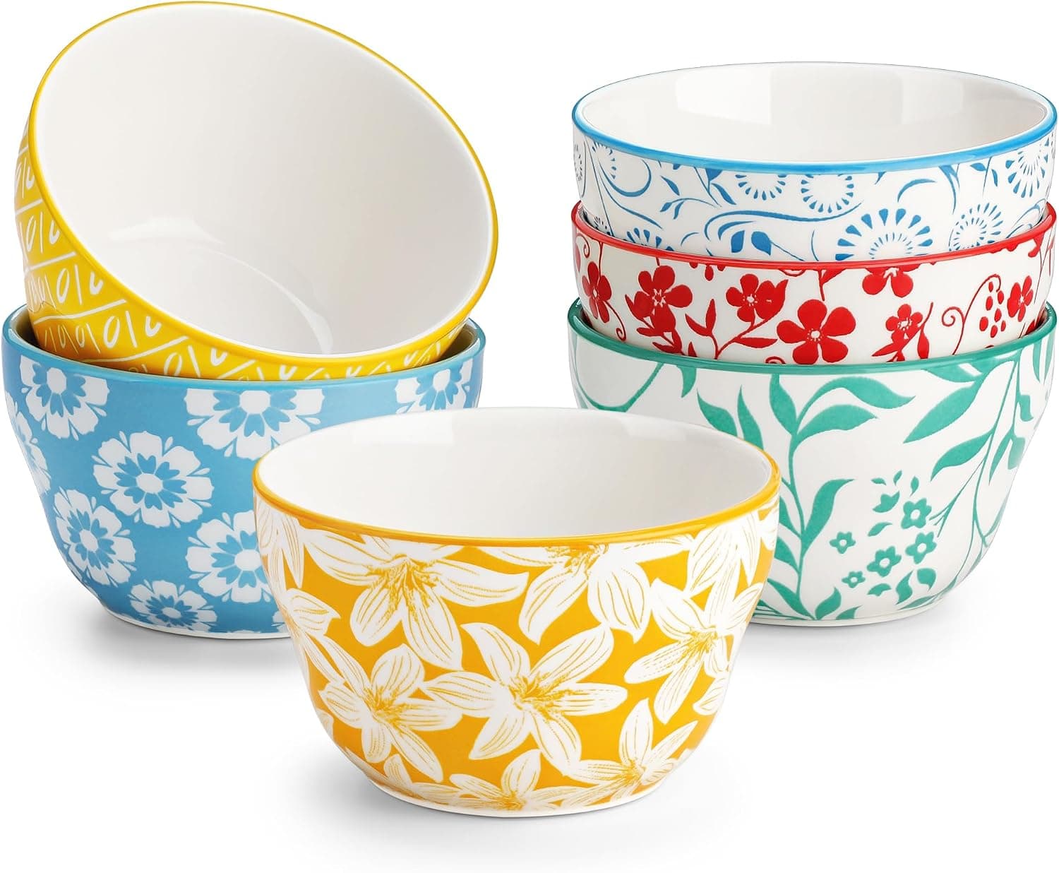 vancasso SELENE 6 Cuencos para Postre 240 ml - Tazones Pequeños de Porcelana Pastel, Diseño Floral Colorido, Juego de Tazones para Postre, Helado, Arroz, Snack y Aperitivo, Lavavajillas y Microondas