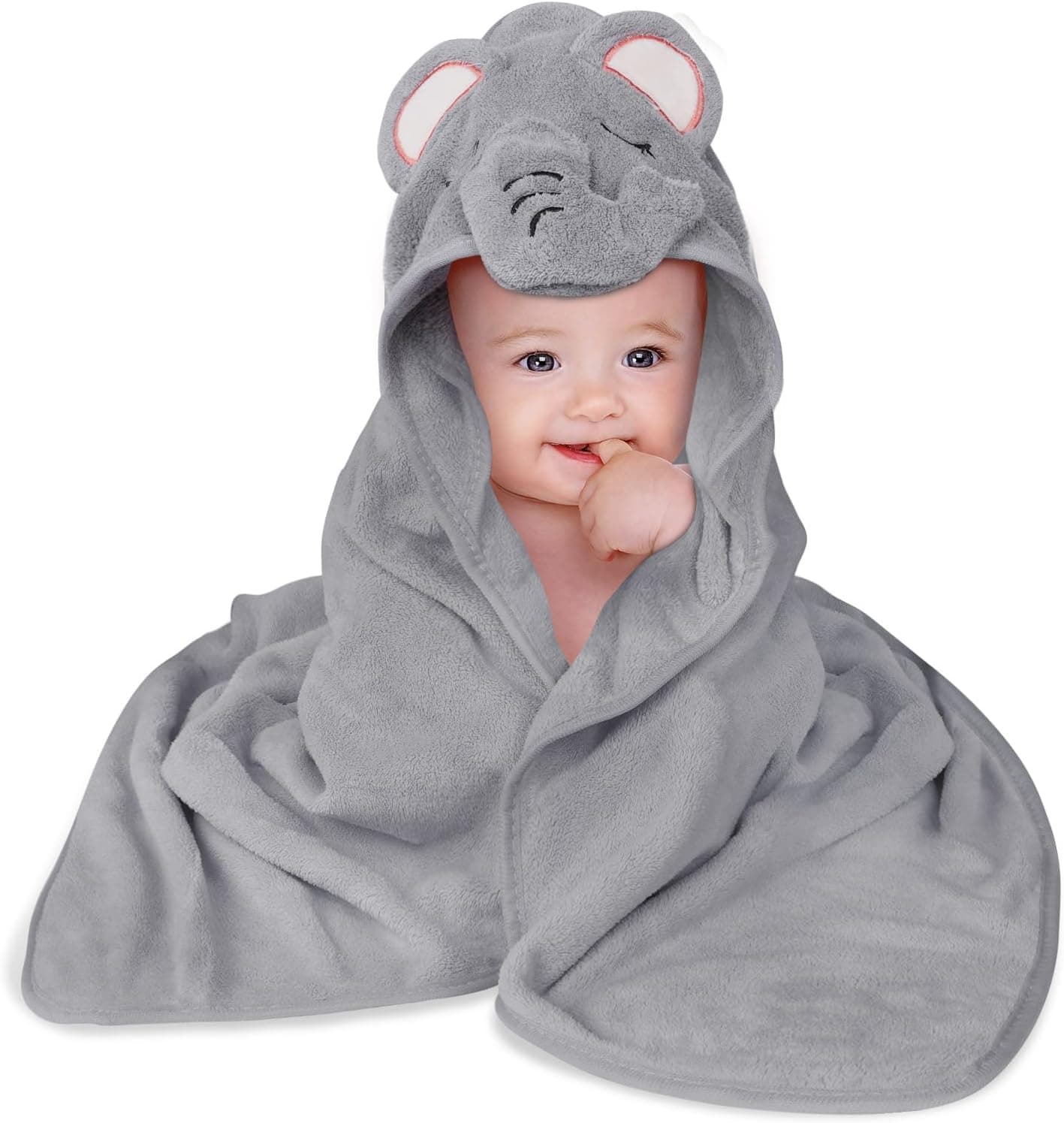 Aolso Toalla de Baño con Capucha para Bebé, 80x80 cm Toalla de baño para bebé, Albornoz para bebé, Capa de baño Suave y Absorbente, Toalla de Baño Bebe para 0-3 años-Elefante Gris