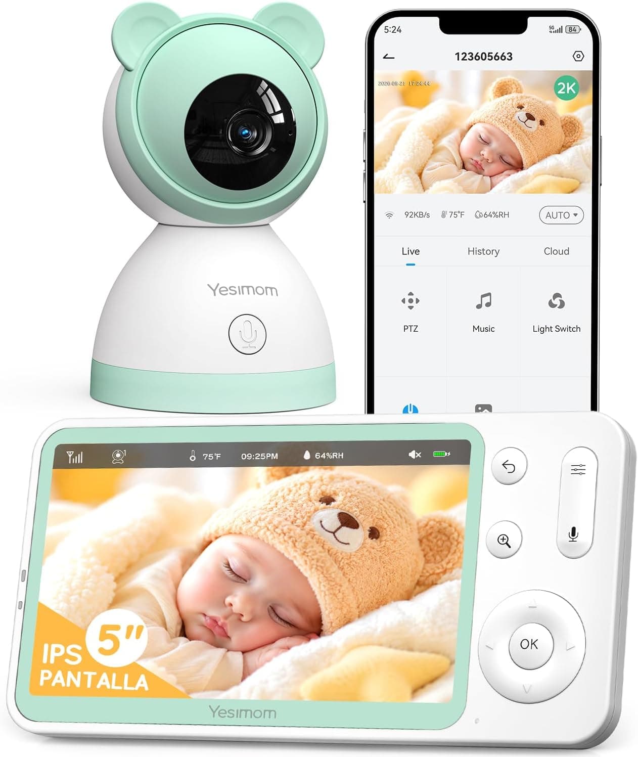 Camara Vigilancia Bebe 3MP, Monitor Bebe 5", WiFi 2.4G/5G, App