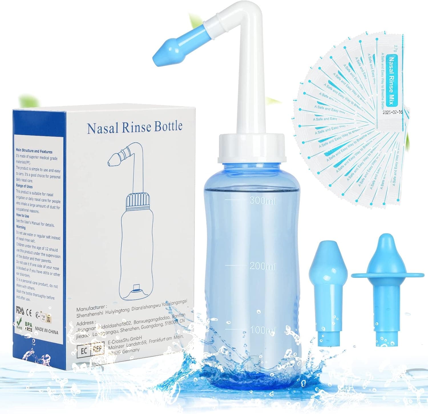 URAQT Lavado Nasal Botella, 300ml Limpiador de Nariz con 2 Boquillas