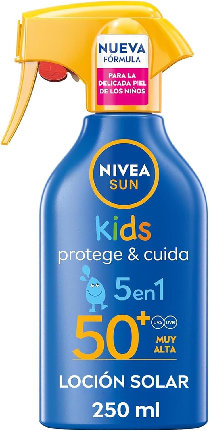 NIVEA SUN Protege & Cuida Kids - Spray FP50+ - Protector Solar Infantil - Protección UVA/UVB Alta - Resistente al Agua - Hidratación Profunda - Aplicación Sencilla - Piel Sensible Para Niños - 250 ml