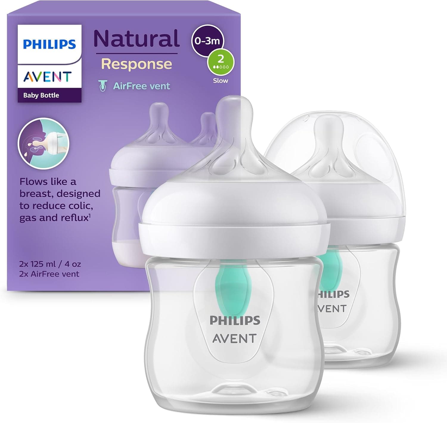 Philips Avent Biberón Natural Response: 2 biberones de 125 ml con sistema AirFree, sin BPA, para recién nacidos a partir de 0 meses (modelo SCY670/02)