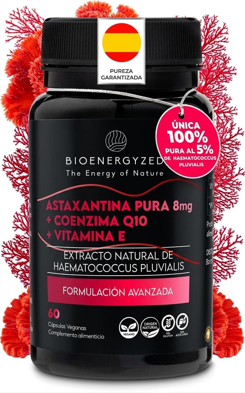 100% Astaxantina Natural PURA 8mg reales por Cápsula + Q10 100mg + Vit E | Única Fórmula con 3 Potentes Antioxidantes en Dosis Máximas | Pureza Verificada en Laboratorio Español | 60 Cáp Veg, No OGM
