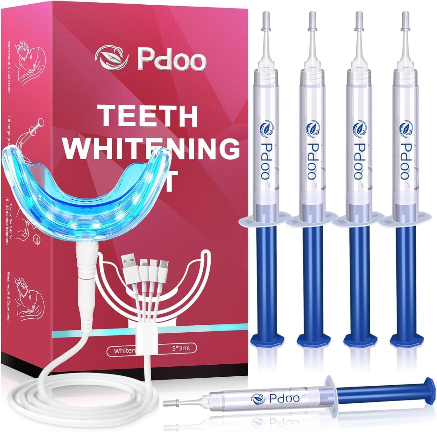 Pdoo Kit de Blanqueamiento Dental Con Luz Led 5 Pack para Dientes Sensibles, Resultados Rápidos para Blanquear los Dientes En Casa, Gel Blanqueador Ayuda a Eliminar Manchas