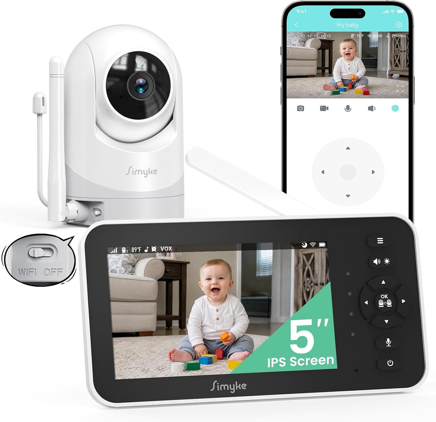 Simyke Monitor de video para bebé con cámara y audio, pantalla de 12,7 cm, 720P, sin wifi o modo de aplicación gratuita, Pan-Tilt-Zoom, canciones de cuna, recordatorio de alimentación, visión nocturna