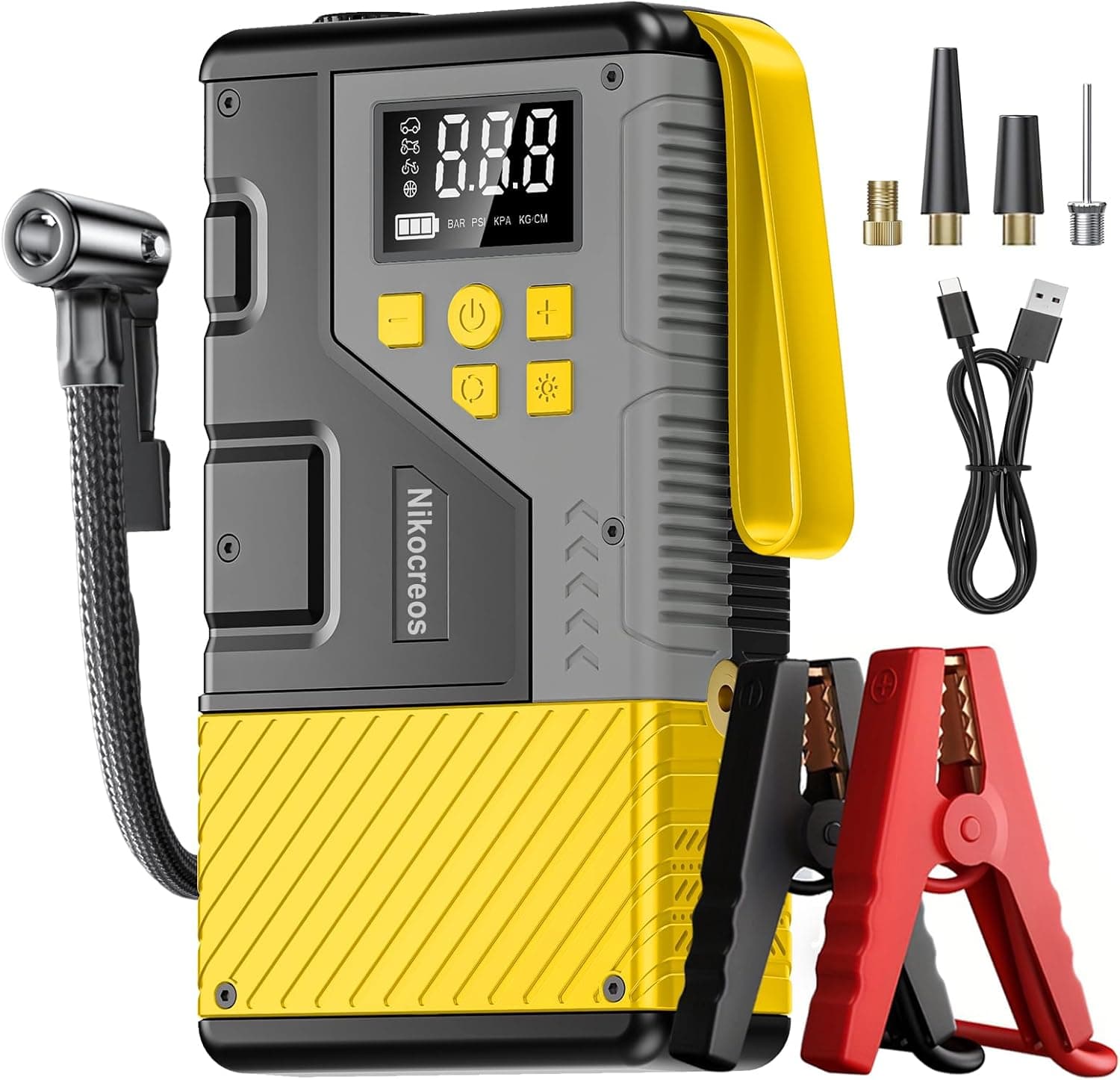Iniciador Portátil de Coches con Compresor de Aire para Emergencias, 3000A Pico y 150 PSI Máximo, para Motores de Gasolina de 12L y Diésel de 10L, Pantalla LCD, Luz LED (Amarillo)