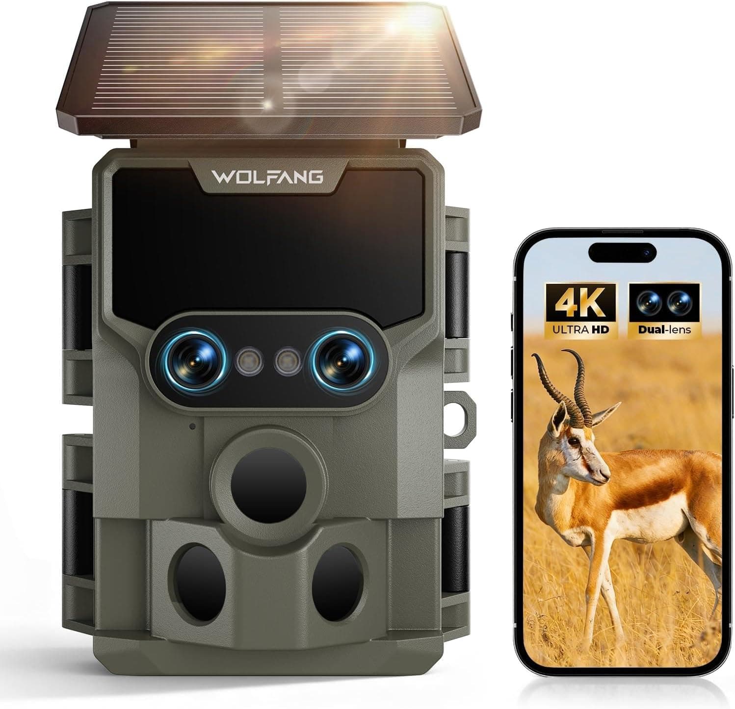 WOLFANG Cámara de Caza, Lente Dual Solar Cámara Fototrampeo 64MP 4K HD con Batería Interna de 5000mAh Ángulo de Detección de 120° Visión Nocturna Estrellada IP66 Impermeable