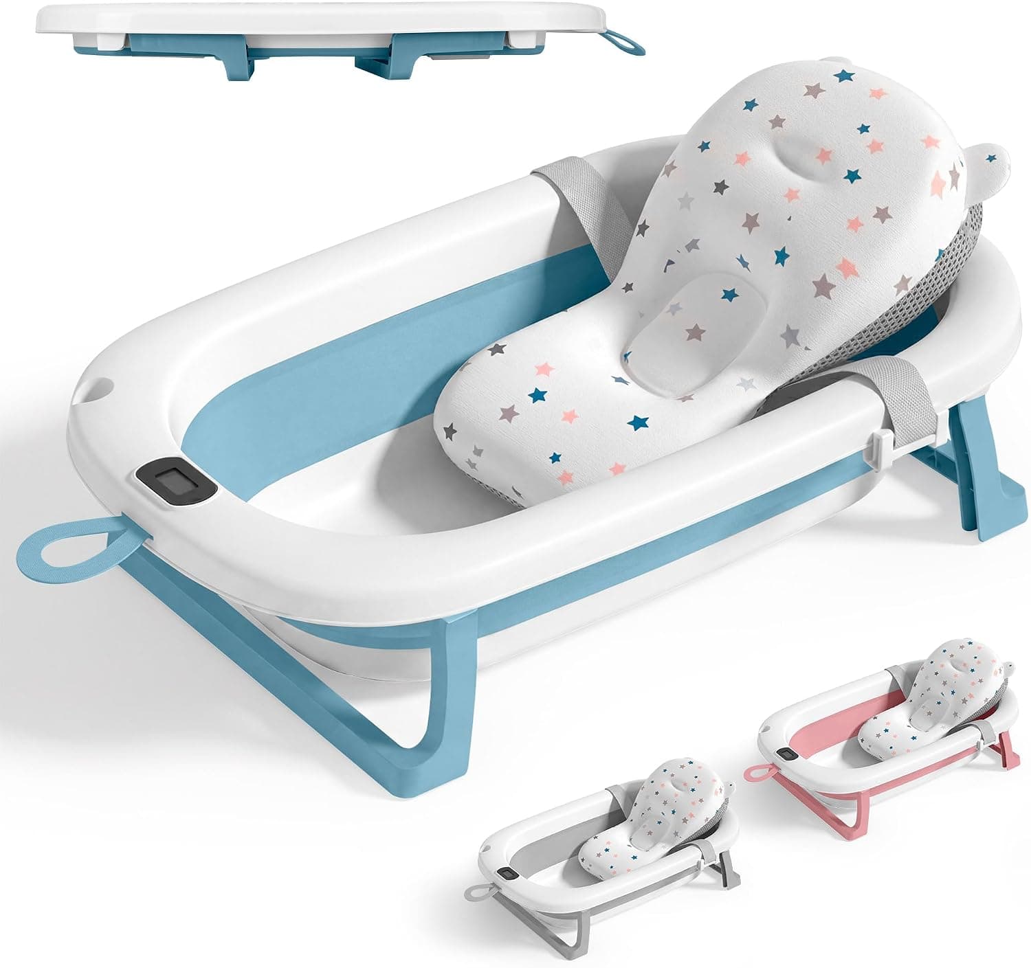 JUPPLIES Bañera Bebé Plegable con Cojín Ergonómico, Termómetro Digital y Patas Antideslizantes | Portátil, Compacta y Segura para Recién Nacido (Azul, Sin patas)