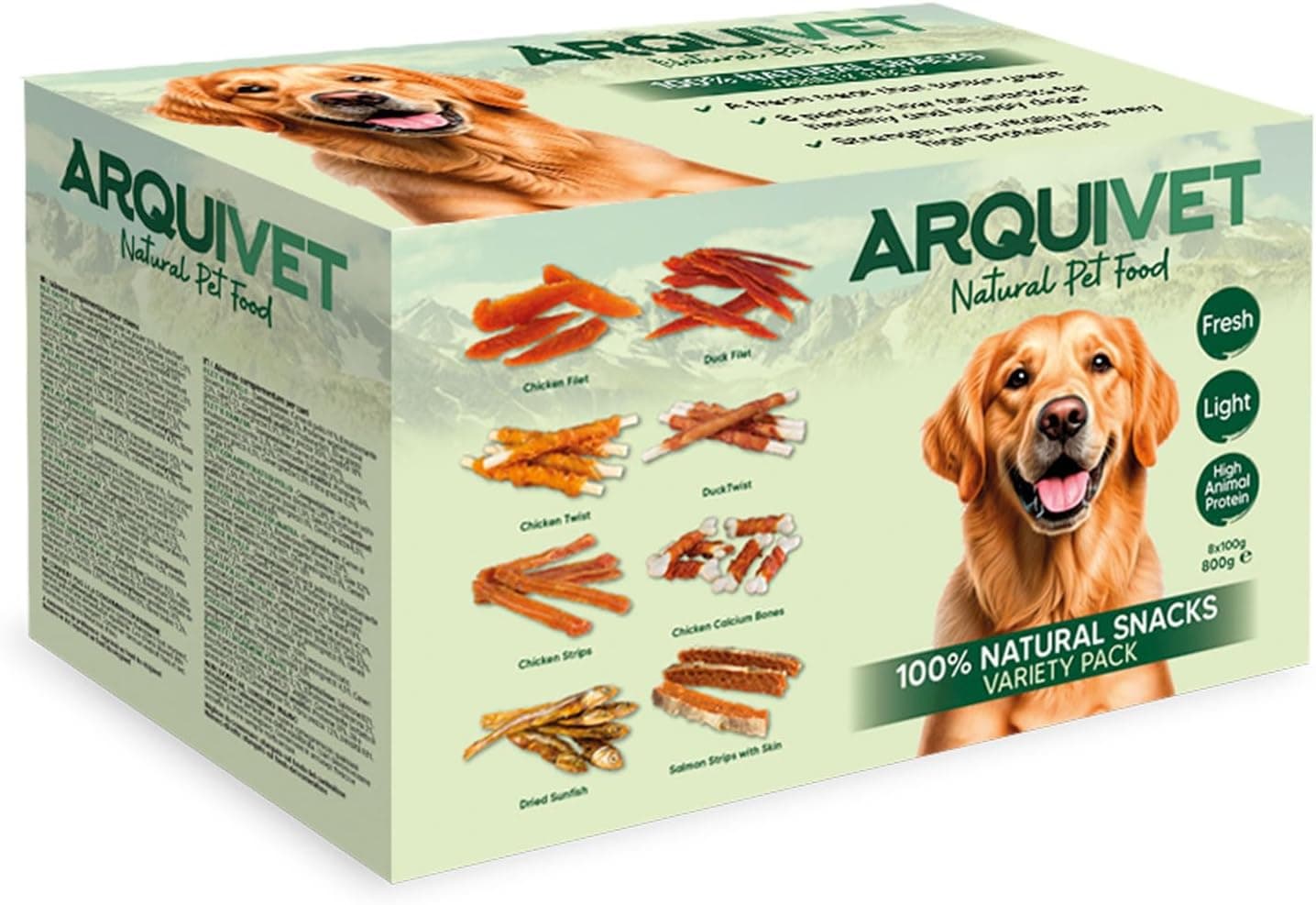 ARQUIVET Variety Pack - Snacks Naturales para Perros - 8 Bolsas variadas de 100g