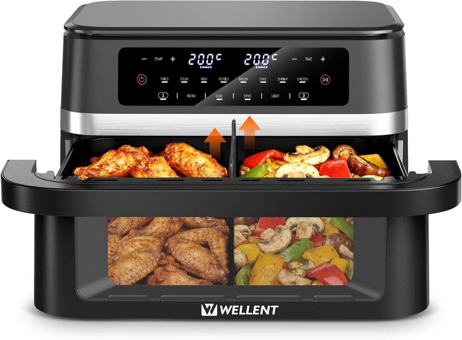 WELLENT Freidora Aire 12L 2950W Doble Zona con Divisor Extraíble, 8 en 1 Air Fryer con Función de Sincronización & Recordatorio de Agitación & Ventana de Visualización
