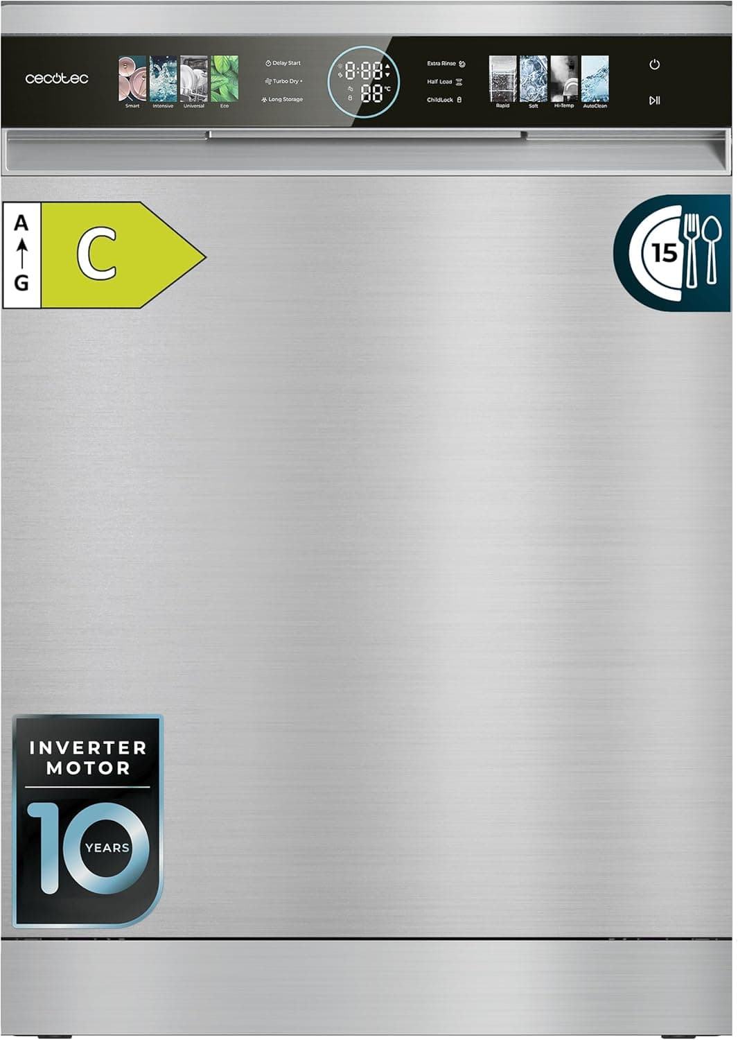 Cecotec Lavavajillas Compacto de 60cm Bolero Aguazero 6620 Inox C, 1850W, 15 Cubiertos, 8 Programas, Motor Inverter, Pantalla FullColor XXL, Smart Wash, Turbo Dry+, AutoClean, Media Carga, Delay Start