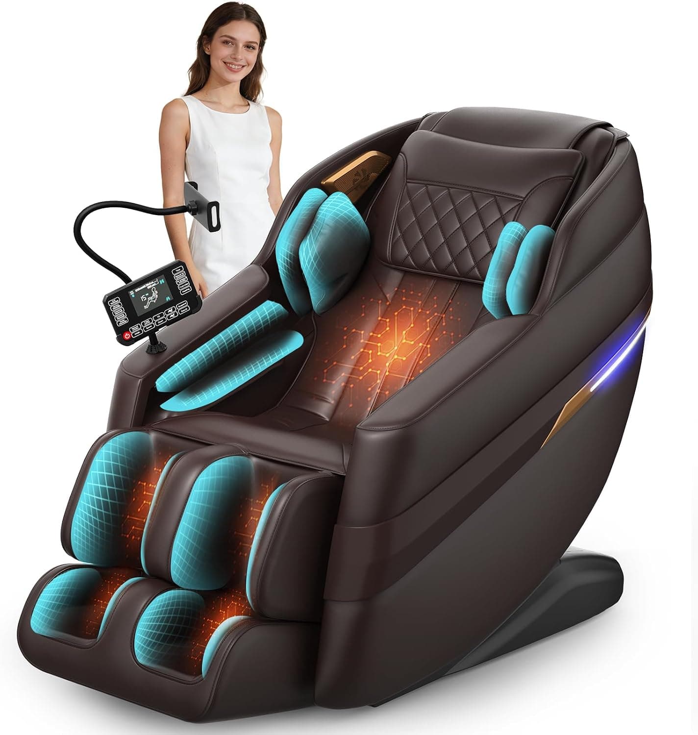 Sillón de masaje 3D SL-Track, sillón de masaje con 8 bolsas de aire, calefacción en piernas y cintura, masaje con rodillos para los pies, control por voz con IA y altavoz Bluetooth, modo gravedad cero