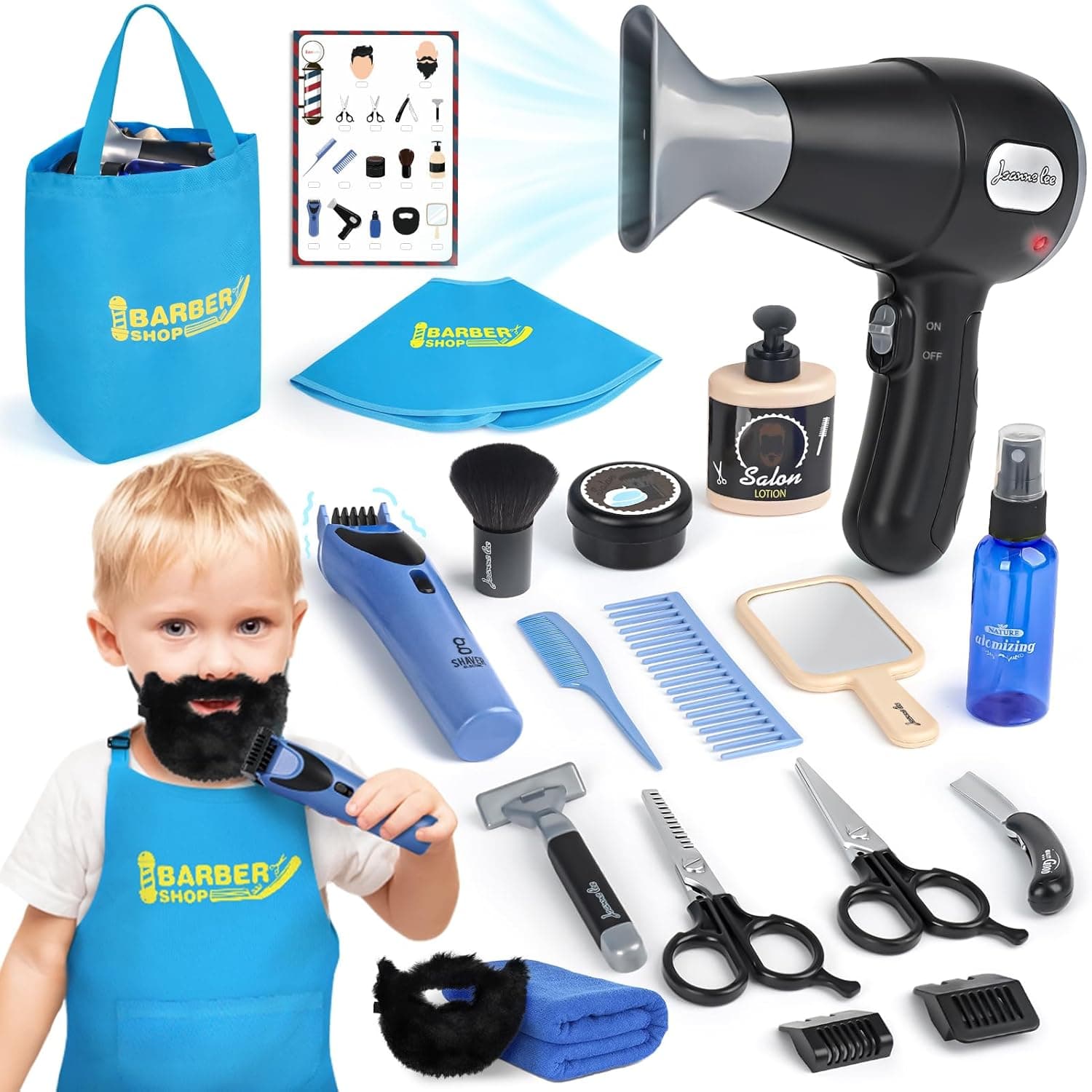 Sanlebi Barber Shop - Juguete de Simulación de Peluquería para Niños a Partir de 3 Años, Kit de Afeitado Con Secador de Pelo y Afeitadora Eléctrica