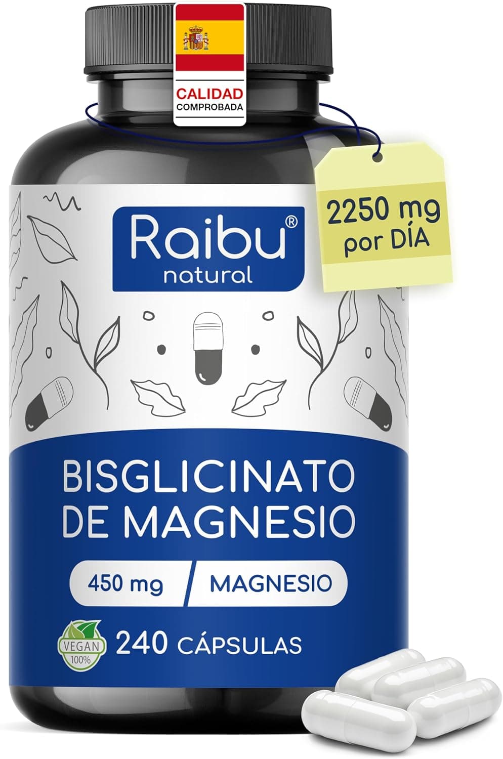 Bisglicinato de Magnesio - 450 mg de magnesio (magnesium) elemental/dosis diaria - 240 Cápsulas, hasta 4 meses de suministro - inocuo para el estómago, vegano y de alta dosificación