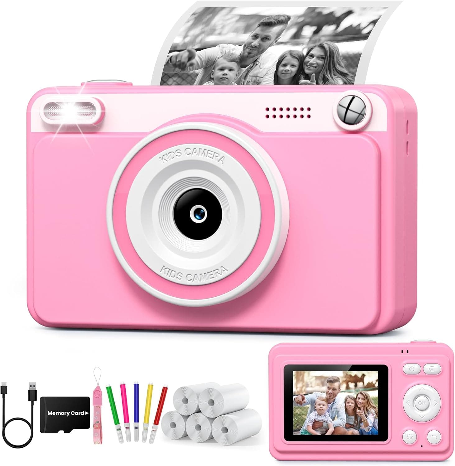 GREENKINDER Camara Fotos Infantil Instantanea,HD/1080P Cámara Instantánea para Niños con Tarjeta y 5 Rollos de Papel Térmico, Regalo de Cumpleaños y Navidad para Niños de 3 a 12