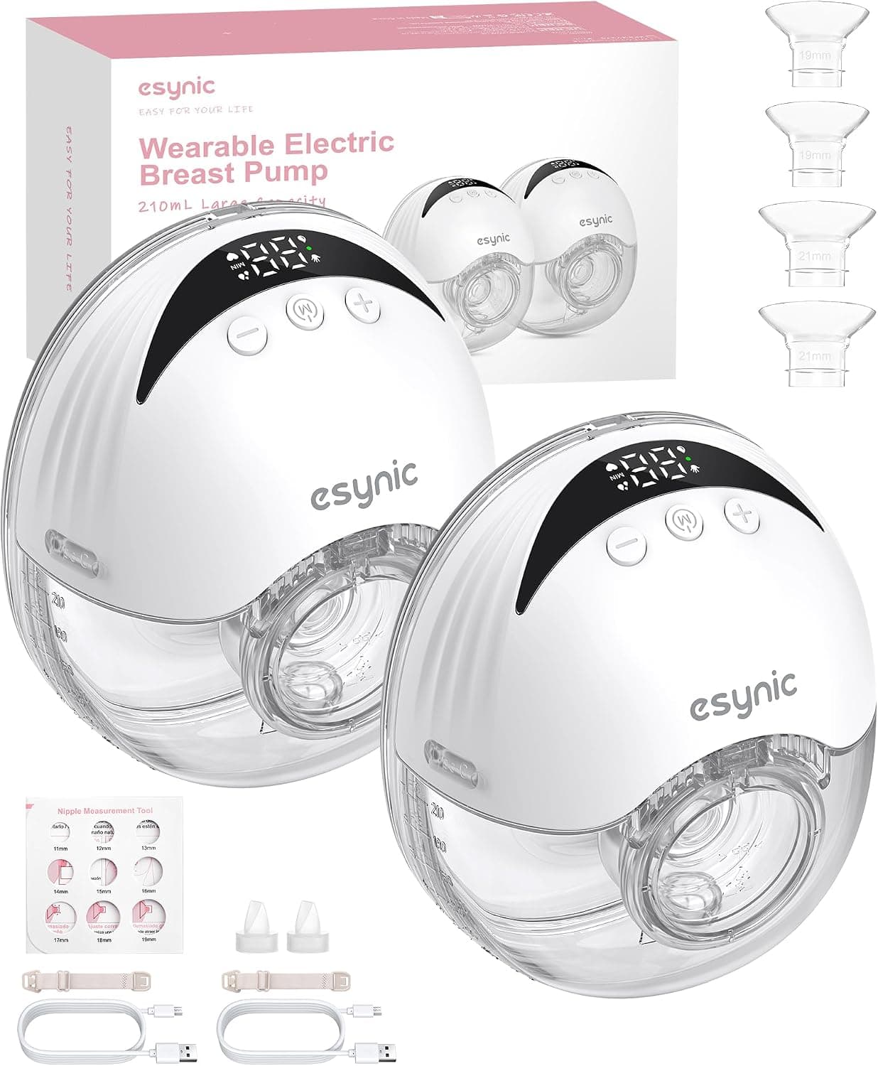 eSynic 2PCS Sacaleches Eléctrico Manos Libres con 4 Modos y 12 Niveles Extractor de Leche Materna 210ml Menos Ruido con Bridas de 24/21/19 mm a Prueba de Fugas Extractor de Leche Inalámbrico Sin BPA