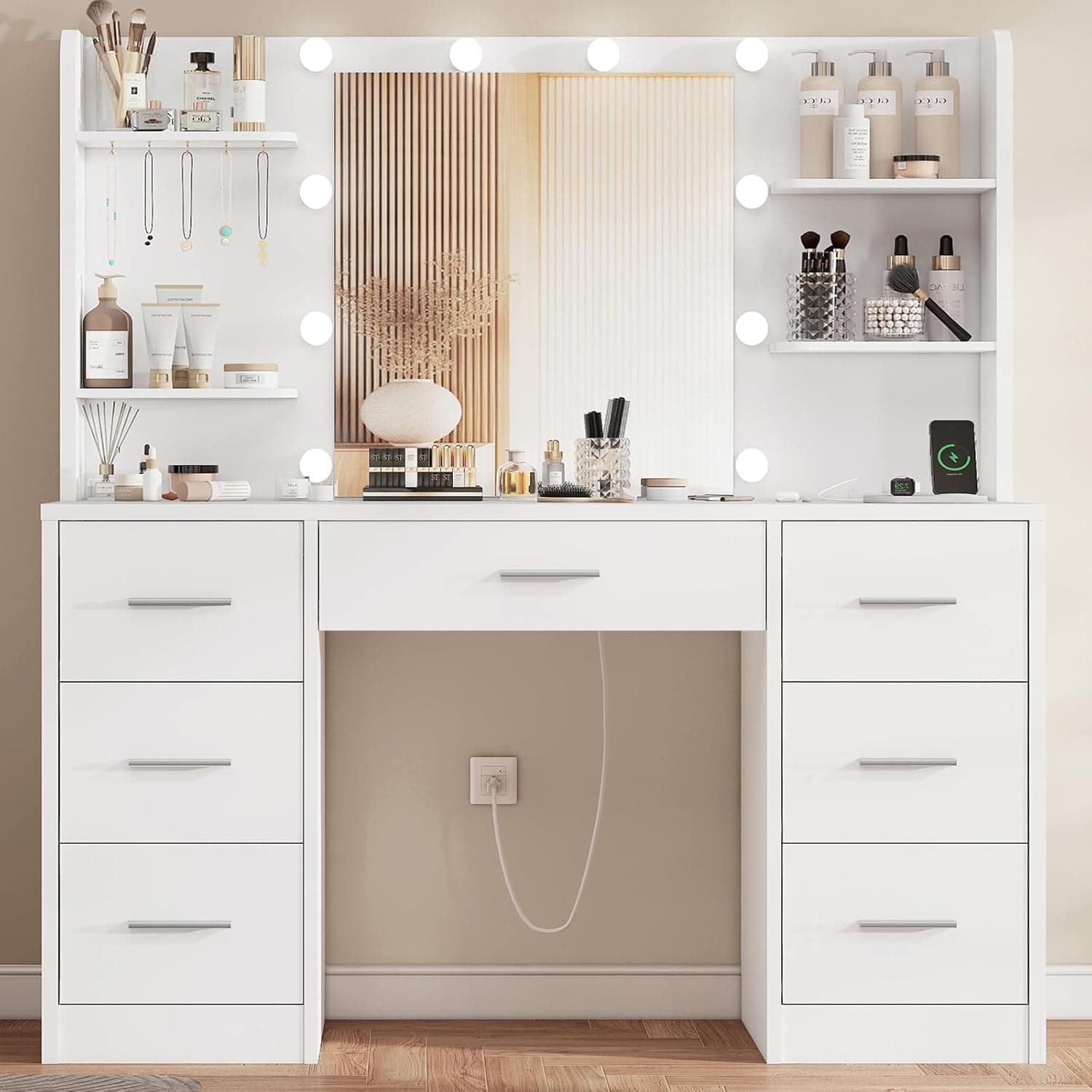 TEENFON Tocador de Maquillaje con Luces LED Regulables y enchufes, Mesa de Maquillaje con Espejo, 4 estantes Abiertos y 5 Ganchos para Joyas, Blanco, Tocador con 7 Cajones