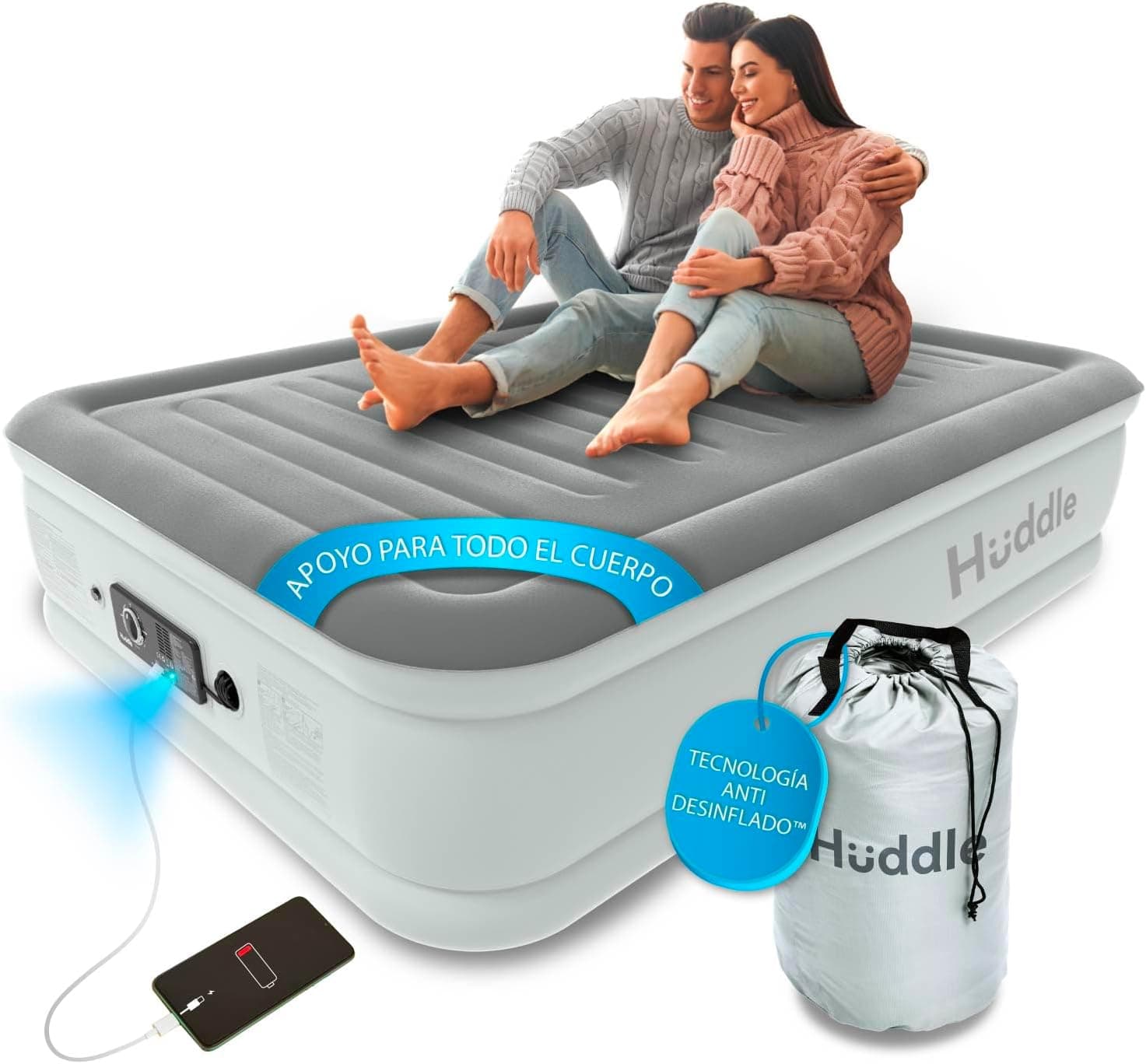 Huddle® Colchón Hinchable Luxury Double, Tecnología Premium con Bombín Patentado SlumberGuard™ | Cama Hinchable con Bombín Integrado | Cómoda Cama Inflable | Colchón en Tamaño Sencillo, Doble, King