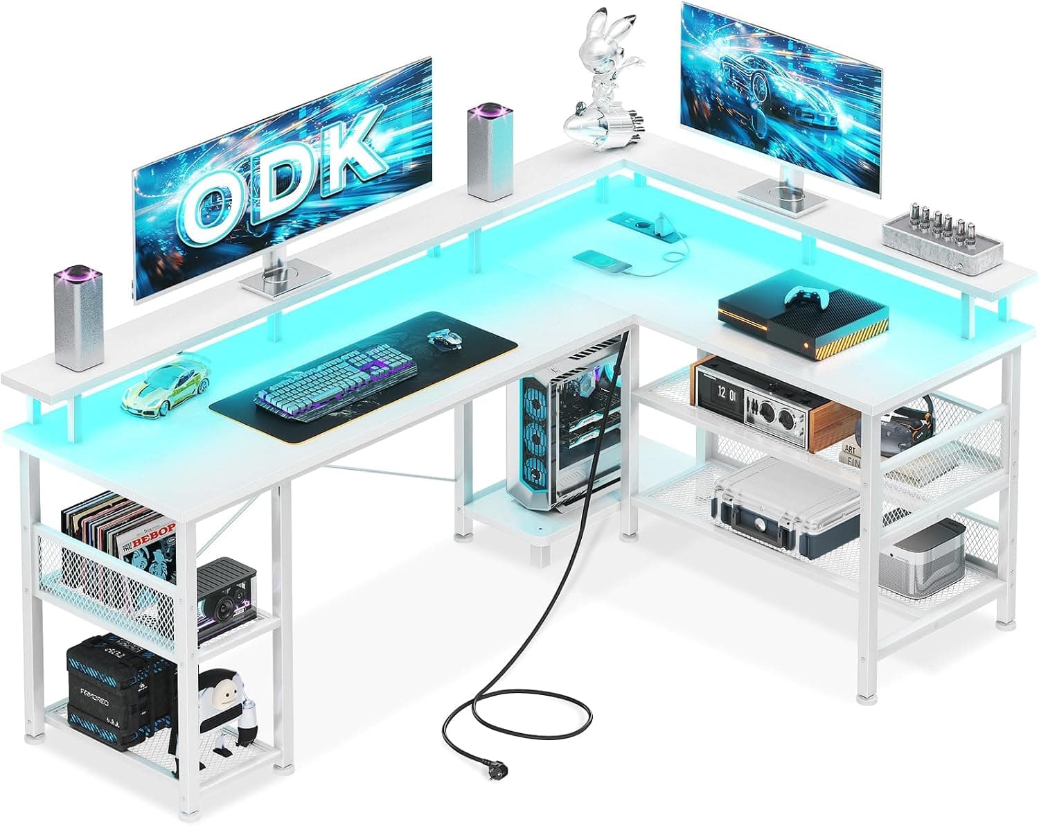 ODK Escritorio Gaming en L con LED, 150x102cm, Blanco