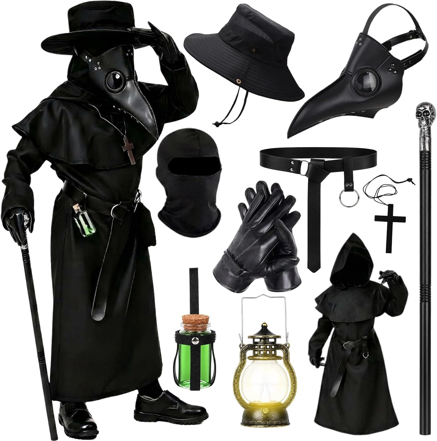 Disfraz de médico de la peste para niños, disfraz de Halloween aterrador para niños, disfraz medieval con máscara de pico, linterna iluminada y accesorios para Halloween