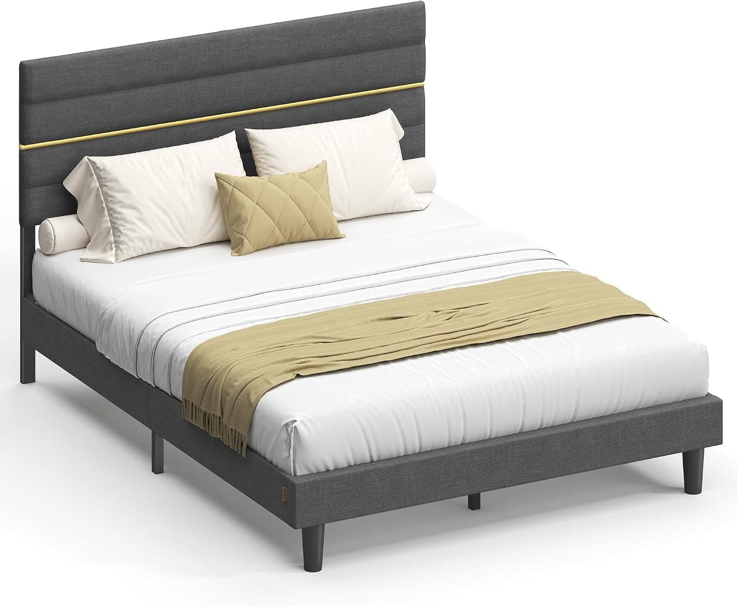 VASAGLE Marco de Cama Matrimonial, Marco para Colchón de 160 x 200 cm, Cabecero Acolchado Ajustable, Metal y Madera, Estilo Moderno, Gris Pizarra RMB505G01