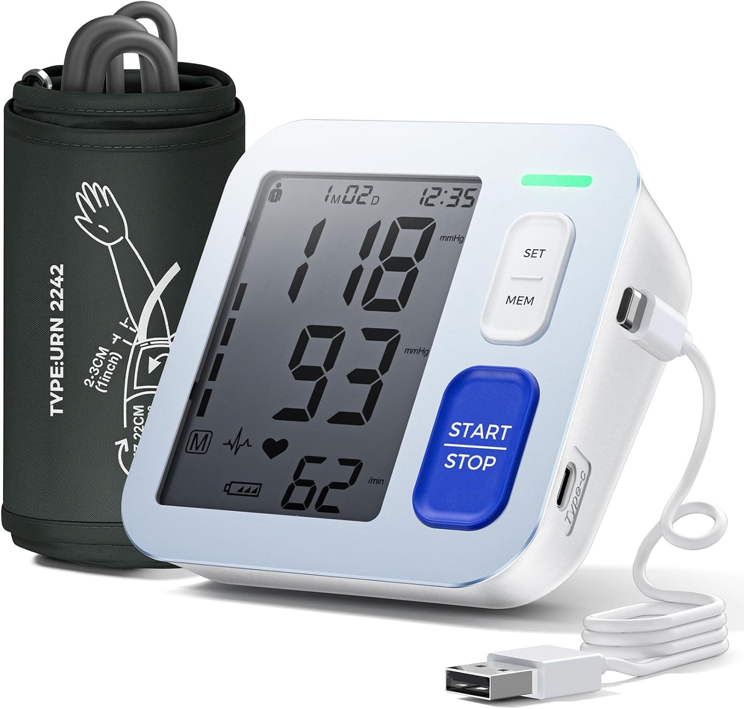 Tensiometro de Brazo Digital, Medidor Tension Arterial Profesional, Aparato Tension Arterial con Pantalla LCD HD, Se Pueden Registrar 2 x 99 Datos de Usuario,Cable de Carga de Batería AA/Tipo-C