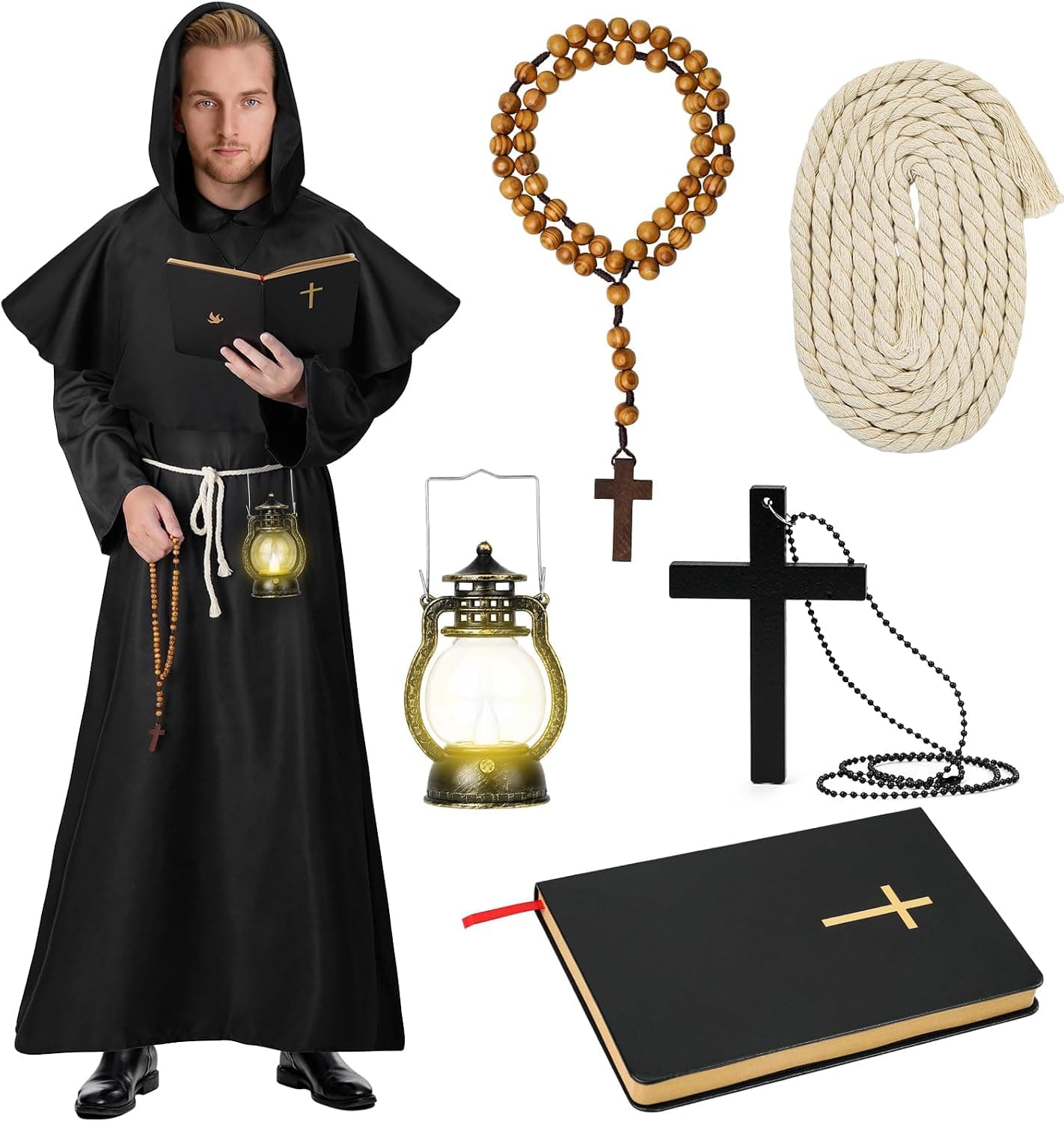 Disfraz de Monje para Hombre con Cadena con Cruz, Rosario, Cinturón y Librito de la Biblia para Carnaval, Halloween, Cosplay y Representaciones Teatrales.