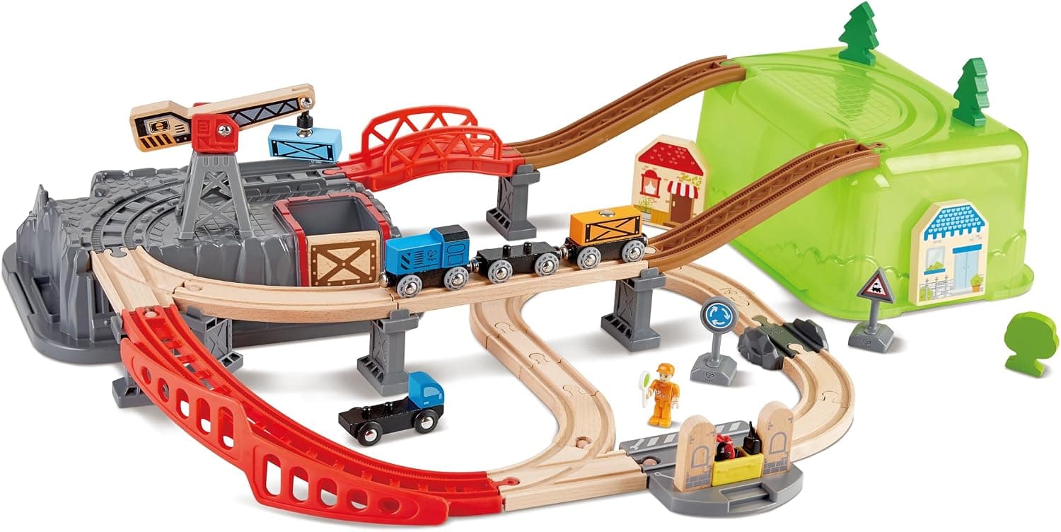 Sustainable Wood Toy Train, Hape Railway Bucket 50-Piece Builder Set with Railway Tracks, 1 Railwayman, 1 Signal Box, 1 Truck, 1 Crane. 3 Years +