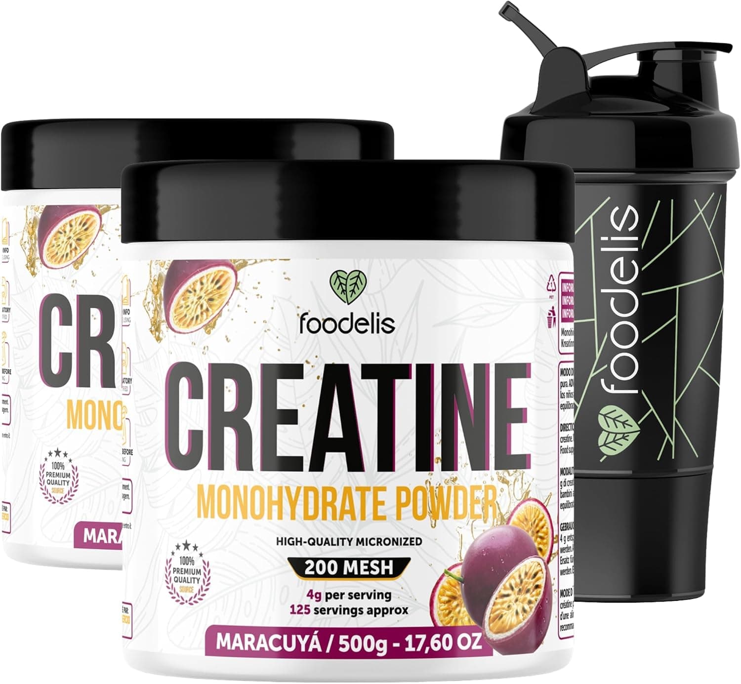 Foodelis Creatina Monohidratada en Polvo – Sabor Maracuyá – 100% Creatina Micronizada – Alta Pureza – Sin Aditivos – Vegana – Alta Solubilidad – Incluye Dosificador (1 kg + Mezclador)
