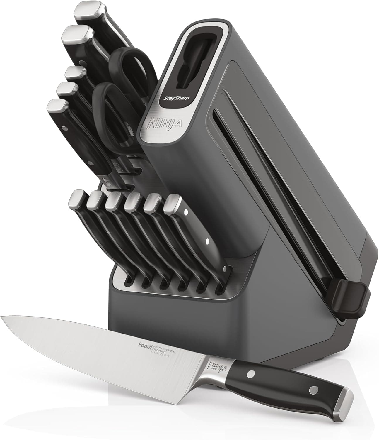 Ninja Foodi StaySharp Taco para cuchillos con afilador integrado, juego Deluxe de 14 piezas, Carbón K32014EUUK