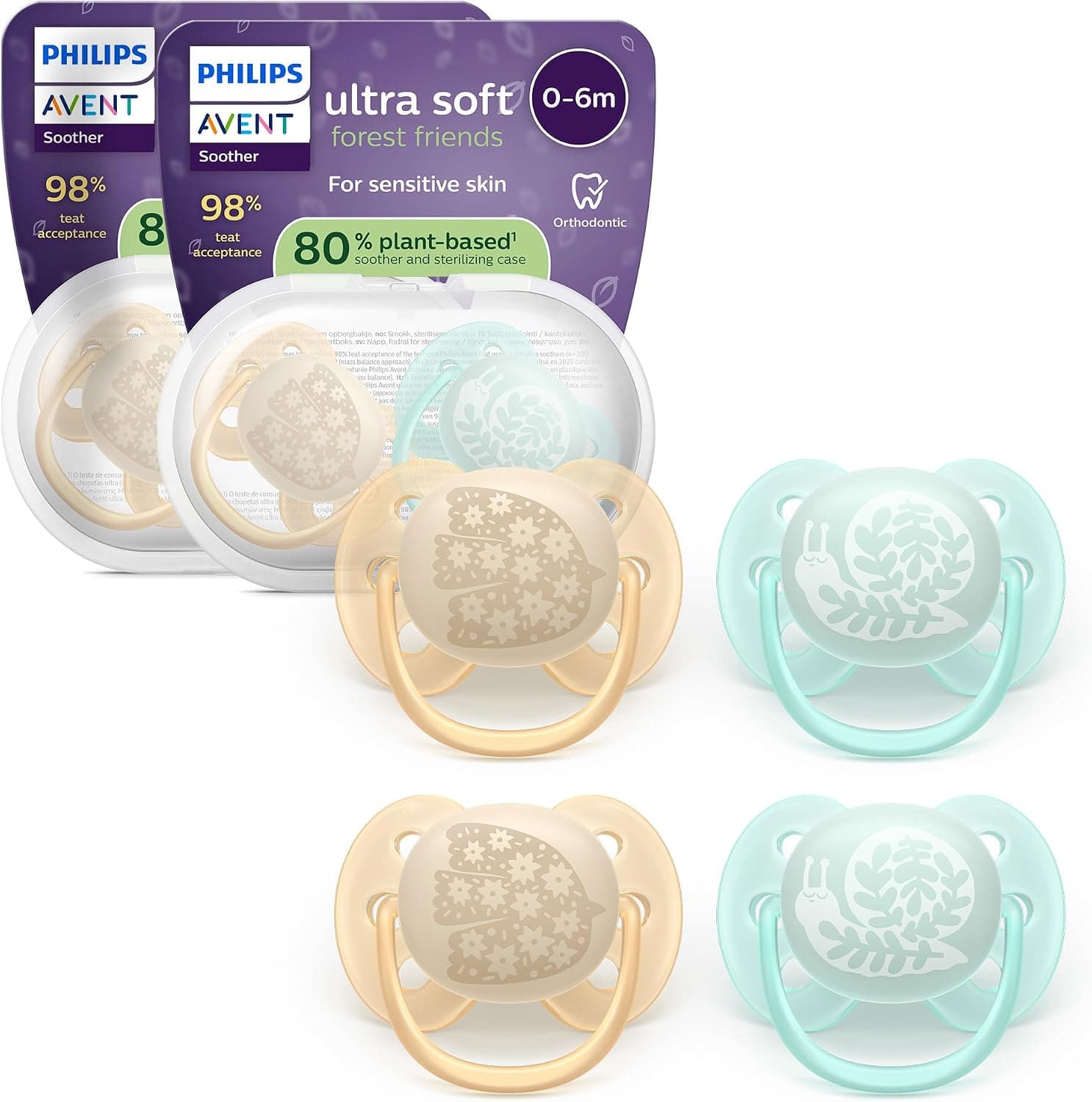 Philips Avent chupetes ultra soft: diseño anatómico, para bebés de 0 a 6 meses, escudo flexible, tetina simétrica de silicona, sin BPA, 2 fundas esterilizadoras, paquete de 4, SCF091/49